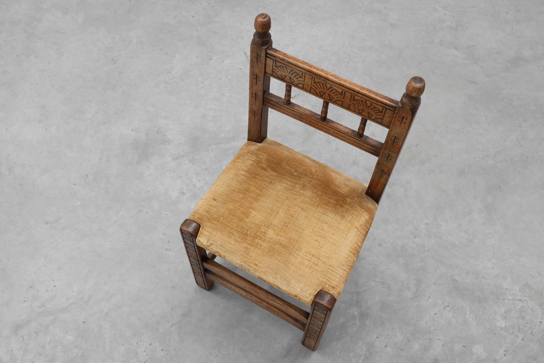 Five 19th Century Spanish Hand-Carved oak Side Chairs with Velour Seatthumbnail